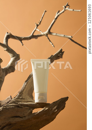 Unlabeled tube of cream stands on the edge of a knotted tree trunk. A leafless, thorny branch points its tip toward the sky. A parched trunk, scorched by the desert sun. Brown background 125061693