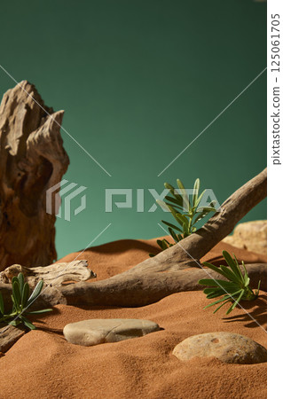 Brown tree branch with smooth bark, surrounded by lush desert shrubs. Pebbles covered with sand, only the surface is exposed. Cracked tree trunks stand upright like mountains. Dark green background. Brown tree branch with smooth bark, surrounded by lush desert shrubs. Pebbles covered with sand, only the surface is exposed. Cracked tree trunks stand upright like mountains. Dark green background. 125061705