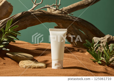 White tube placed in the desert landscape. Dry tree is arched with concave veins all over its trunk. The bright sunlight casts shadows of the wild plants, pebbles, tree trunks on the sandy ground. 125061710