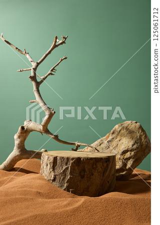 Round log cut across, roots buried in sand. Drooping tree, short branches with many sharp thorns, pointing the top towards the sky. Rough rock with many cracks. Vertical photo, dark green background. Round log cut across, roots buried in sand. Drooping tree, short branches with many sharp thorns, pointing the top towards the sky. Rough rock with many cracks. Vertical photo, dark green background. 125061712