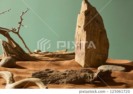 Rocks with sharp peaks and rough edges, standing like high mountains. Pebbles scattered around with dry branches. Sand beach with sand grains, uneven surface. Green background, wild desert concept. 125061720