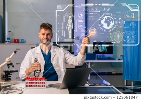 Medicine doctor hand working with modern digital tablet and laptop computer interface as medical network concept. 125061847