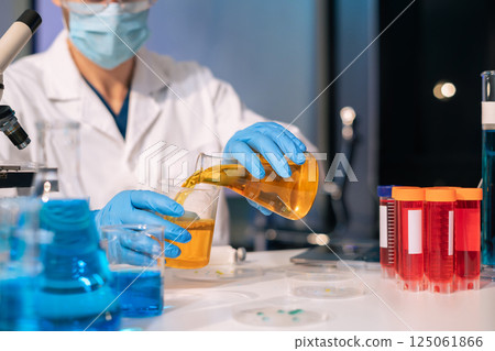Glass vial, pipette and scientist in laboratory for medical study, research or experiment. 125061866