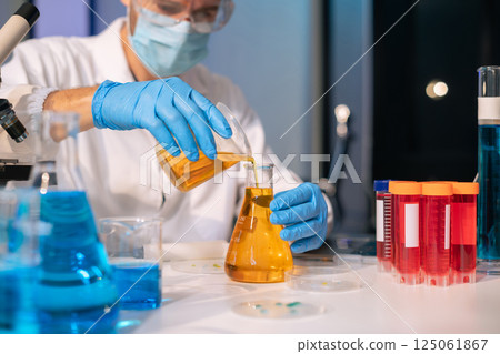 Glass vial, pipette and scientist in laboratory for medical study, research or experiment. Glass vial, pipette and scientist in laboratory for medical study, research or experiment. 125061867