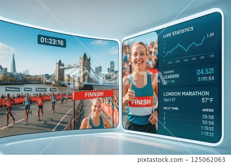 Data visualization panels track race progress and athlete finish status in modern performance monitoring studio with clean layout. Data visualization panels track race progress and athlete finish status in modern performance monitoring studio with clean layout. 125062063