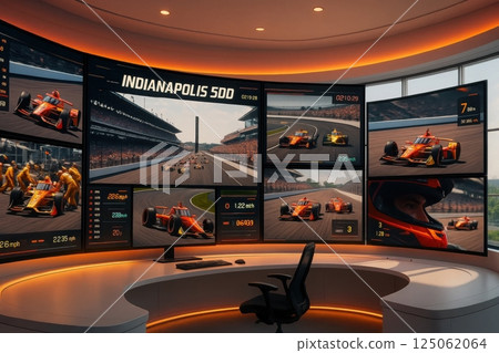 Race control center with orange lighting shows real-time Indianapolis 500 car speeds, pit data, and camera feeds. Race control center with orange lighting shows real-time Indianapolis 500 car speeds, pit data, and camera feeds. 125062064