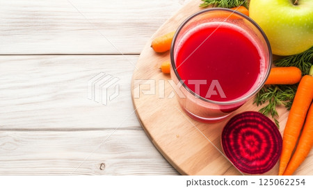 Savor the healthy ABC juice next to fresh apple, carrot sticks, and beetroot on a wooden board 125062254