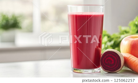 ABC juice with apple, beetroot, and carrot on a marble table, illuminated by soft morning light 125062257
