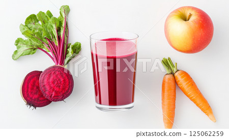 Brightly arranged apple, beetroot, and carrot elements showcase a nutritious detox juice with health benefits 125062259