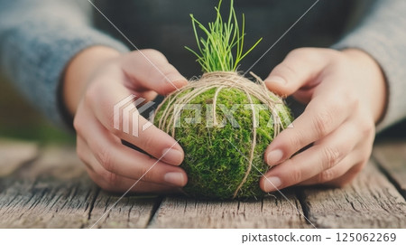 Hands are shaping a kokedama ball with moss, twine, and greenery in a minimalistic setting 125062269