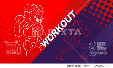 Textured stroke-style vector illustration of diverse people working out. Features bold line art with vibrant colors and hand-drawn textures. 125062292