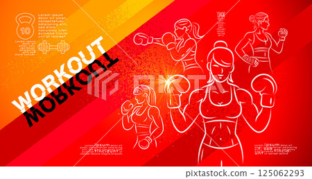 Textured stroke-style vector illustration of diverse people working out. Features bold line art with vibrant colors and hand-drawn textures. 125062293