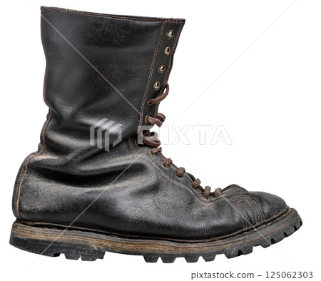 vintage black leather work boot showing signs of wear and tear 125062303