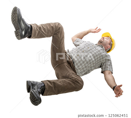 Construction worker with yellow helmet falling on transparent background 125062451