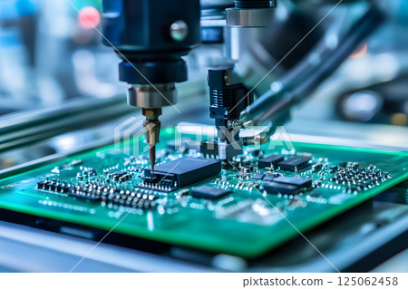 Semiconductor. Close-up of an industrial robot assembling electronic circuit boards 125062458