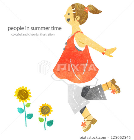 享受夏天的女孩 — 色彩繽紛、充滿樂趣的水彩插圖 125062545