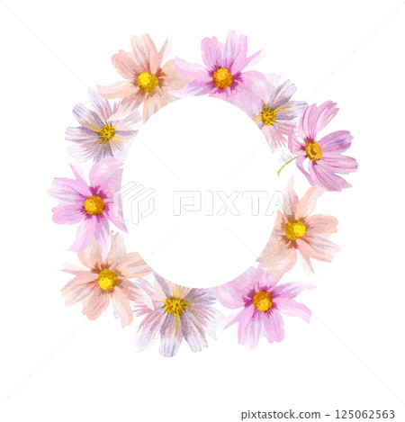 Oval Frame of Pink Watercolor Flowers 125062563
