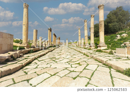Grass growing between paving stones of ancient roman road leading through colonnaded street in jerash, jordan Grass growing between paving stones of ancient roman road leading through colonnaded street in jerash, jordan 125062583