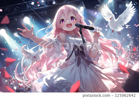 Pink-haired anime girl in idol style singing on stage. Shining lights and the excitement of the audience 125062642