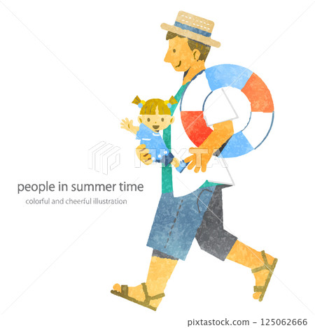 A girl and her father enjoying summer - A colorful and fun watercolor illustration 125062666