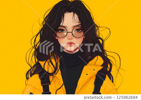 Stylish young Asian woman. Portrait with yellow background and fashionable look 125062684