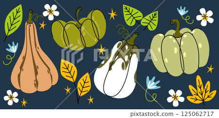 Pumpkins and flowers on black background Pumpkins and flowers on black background 125062717