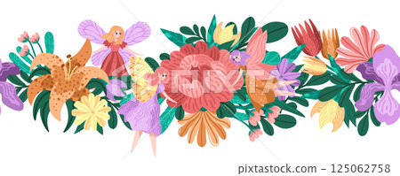 Decorative seamless border with garden flowers. Vector bunch with bright blossoms, cute fairies and leafy lush greens. Whimsical wildflower scene with textured petals. For spring-themed prints Decorative seamless border with garden flowers. Vector bunch with bright blossoms, cute fairies and leafy lush greens. Whimsical wildflower scene with textured petals. For spring-themed prints 125062758