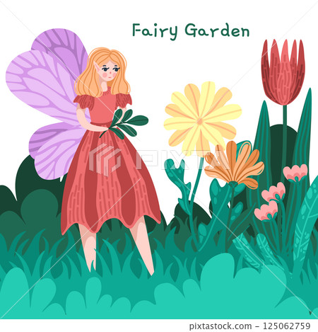 Blonde fairy with lilac wings in flower field. Fantasy character among large colorful blooms. Fairytale vector art with dreamy spring setting. Great for magical garden themes and nature decor Blonde fairy with lilac wings in flower field. Fantasy character among large colorful blooms. Fairytale vector art with dreamy spring setting. Great for magical garden themes and nature decor 125062759