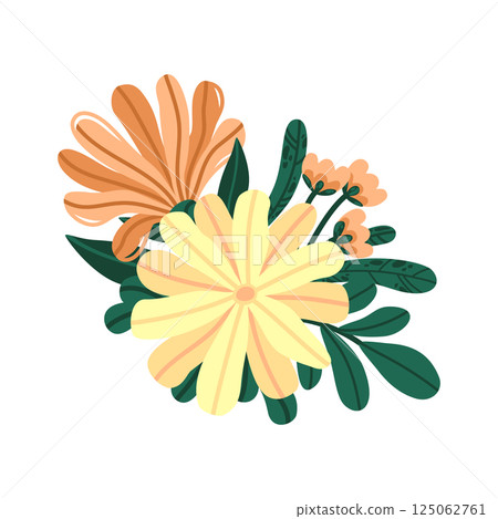 Floral clipart with orange and yellow daisy blossoms and foliage. Decorative vector hand-drawn flower bundle. For spring-themed patterns, nature prints, invitations, posters, and botanical packaging 125062761