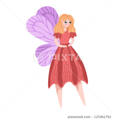 Blonde fairy with long hair and purple butterfly wings. Flat style fantasy girl in flowing red gown. Whimsical vector art for storybook themes. Perfect for fairy tale prints, kids designs, and cards Blonde fairy with long hair and purple butterfly wings. Flat style fantasy girl in flowing red gown. Whimsical vector art for storybook themes. Perfect for fairy tale prints, kids designs, and cards 125062762