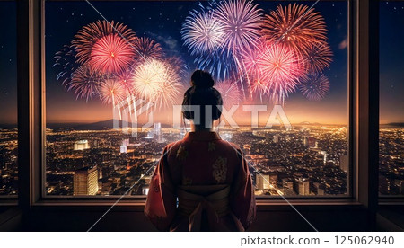 CG illustration of a woman in a yukata watching a fireworks display and fireworks exploding in the night sky 125062940