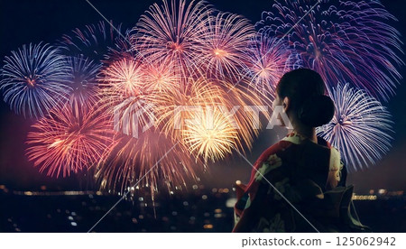 CG illustration of a woman in a yukata watching a fireworks display and fireworks exploding in the night sky CG illustration of a woman in a yukata watching a fireworks display and fireworks exploding in the night sky 125062942