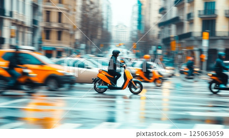 Multiple riders zip across a bustling intersection in an urban environment under overcast skies. Multiple riders zip across a bustling intersection in an urban environment under overcast skies. 125063059