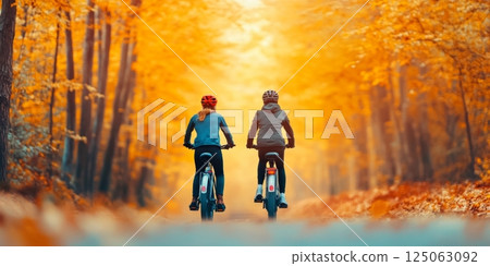 Couple enjoys a scenic ride on electric bikes surrounded by colorful autumn leaves in a wooded trail. Couple enjoys a scenic ride on electric bikes surrounded by colorful autumn leaves in a wooded trail. 125063092
