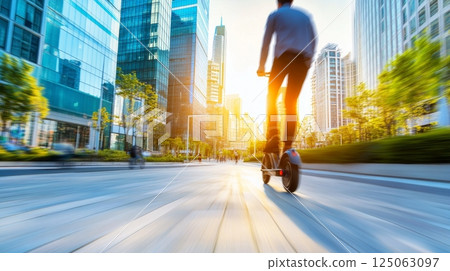 A young man rides an electric scooter through a vibrant city park surrounded by tall buildings. A young man rides an electric scooter through a vibrant city park surrounded by tall buildings. 125063097