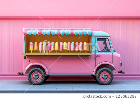 Popsicle with rainbow colors on a long stick in a vintage pink truck. Summer fun. Retro style. Popsicle with rainbow colors on a long stick in a vintage pink truck. Summer fun. Retro style. 125063282