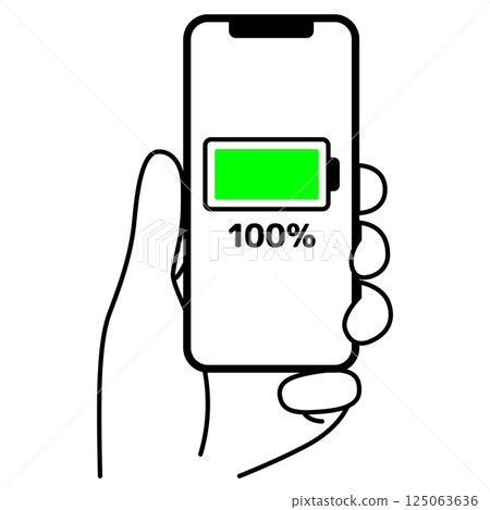 Hand holding a smartphone with 100% battery Hand holding a smartphone with 100% battery 125063636