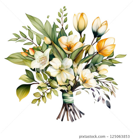 Watercolor of Tropical spring floral green leaves and flowers s isolated on transparent png background, bouquets greeting or wedding card decoration  125063853