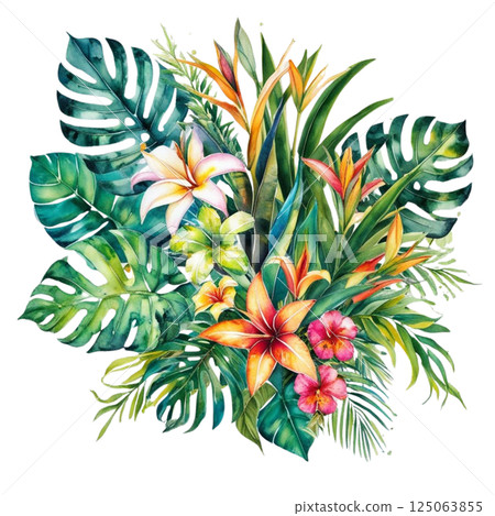 Watercolor of Tropical spring floral green leaves and flowers s isolated on transparent png background, bouquets greeting or wedding card decoration  125063855