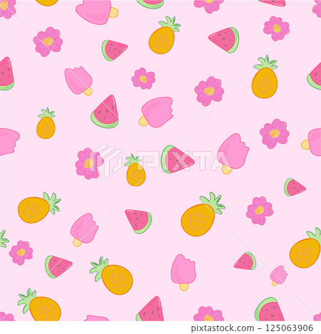Fruit Summer pattern. Nice colorful summer elements (pineapple, flower, watermelon))Pink background 125063906