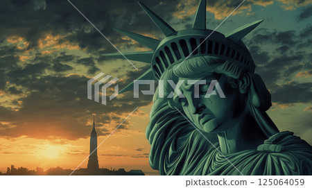 Sad crying face of the Statue of Liberty with the Empire State Building at sunset, a symbolic image of crisis in New York City 125064059