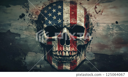 Skull with US flag painted on representing decline of democracy and social issues in United States 125064067