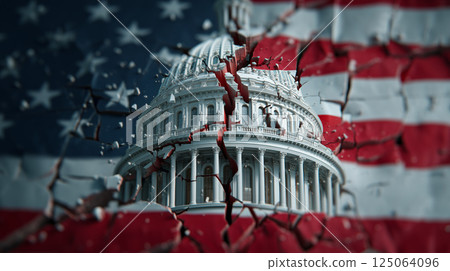 United States Capitol breaking through a cracked american flag, concept of american politics crisis, government shutdown and bipartisan conflict 125064096
