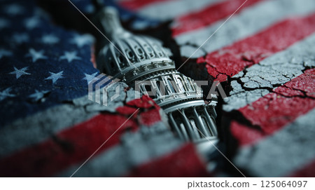 Miniature Capitol building descending through cracked American flag, symbolizing national political instability and systemic challenges 125064097
