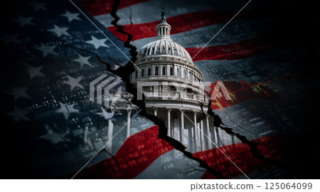Capitol building piercing fractured US flag, stock market graphics signaling deep economic and political instability 125064099