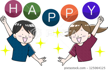一組男孩和女孩舉起手，開心地微笑 125064125