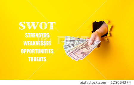 Hand holding a stack of money with the words SWOT written above it 125064274