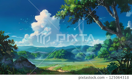 Game background: Beautiful grassland and blue sky at the entrance to the forest 125064318
