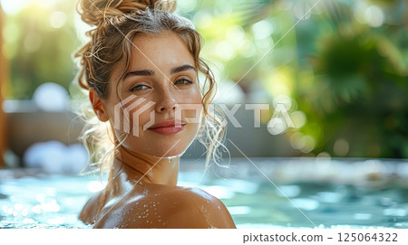 Woman with blonde hair and a smile is in a pool 125064322