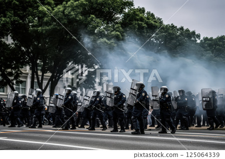 Group of police officers march down a street wearing riot gear 125064339
